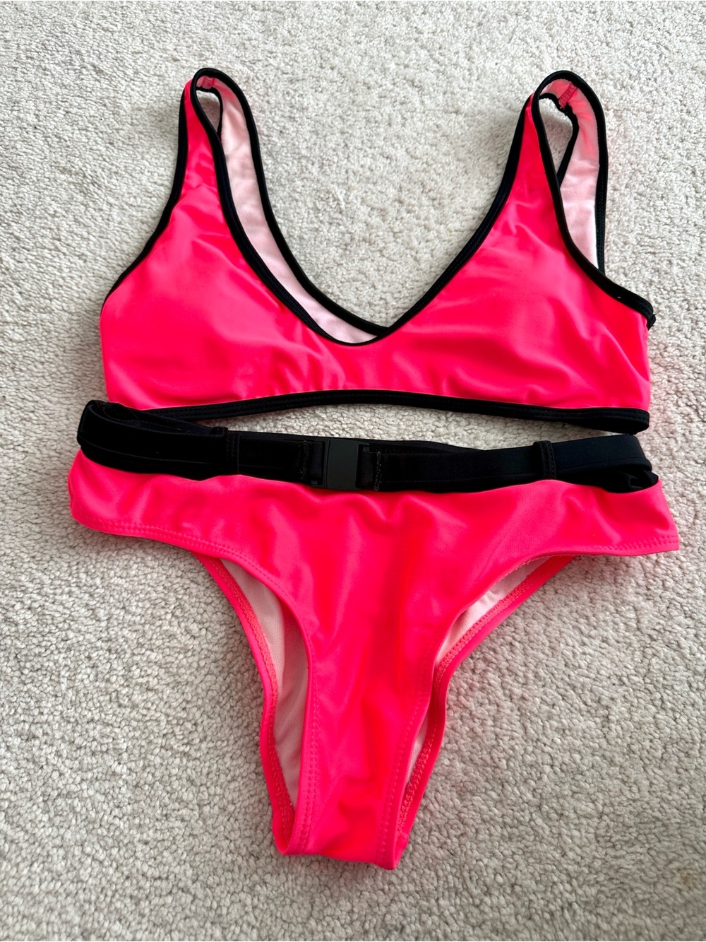 Neon Pink Bikini Set with Black Trim